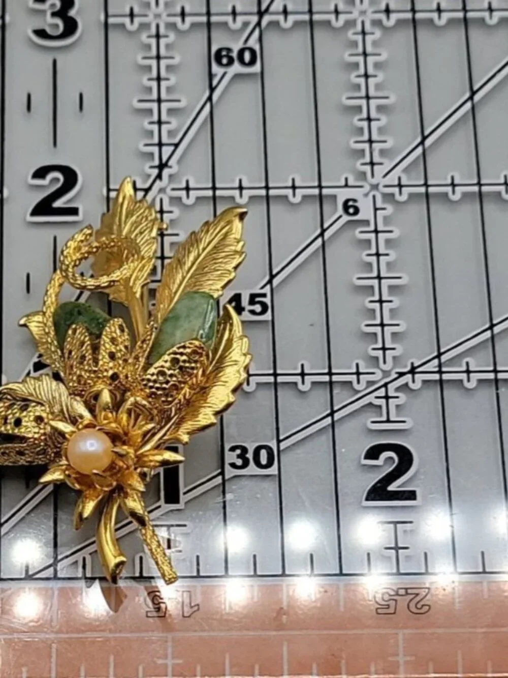 Gold Plated Jade Faux Pearl Flower Brooch Textured Leaves Detailed Design